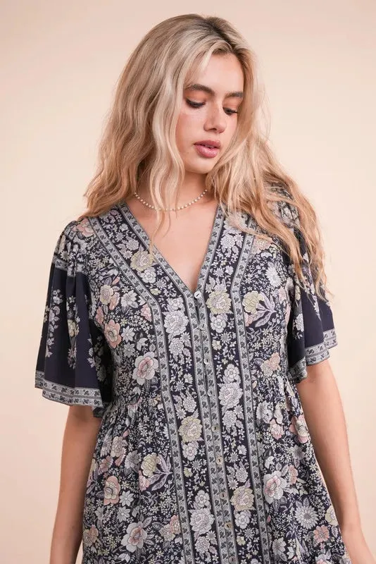 VERY J Shirring Detail Printed Woven Mini Dress