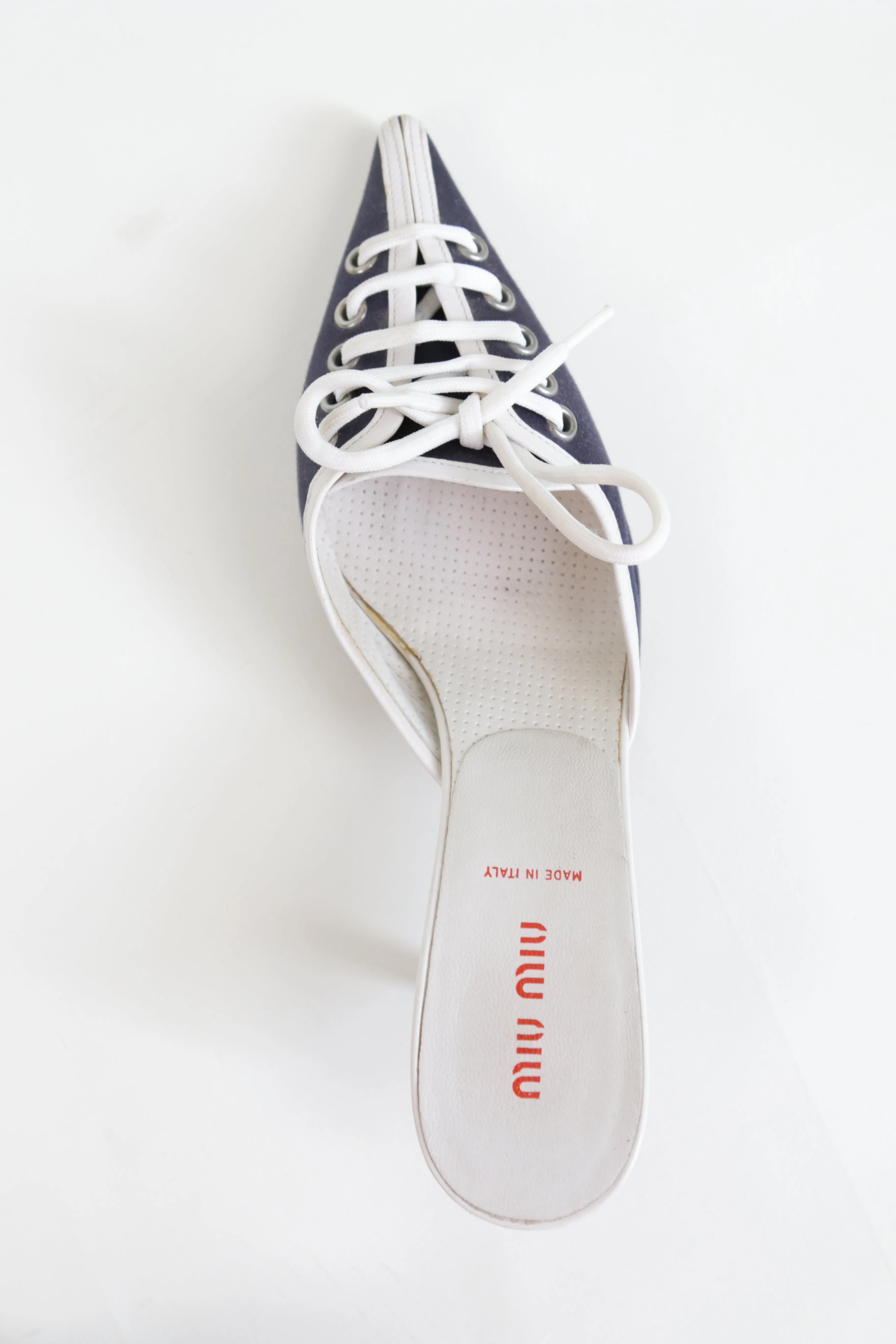 Vintage Navy Kitten Heel Mules with Criss Cross White Laces