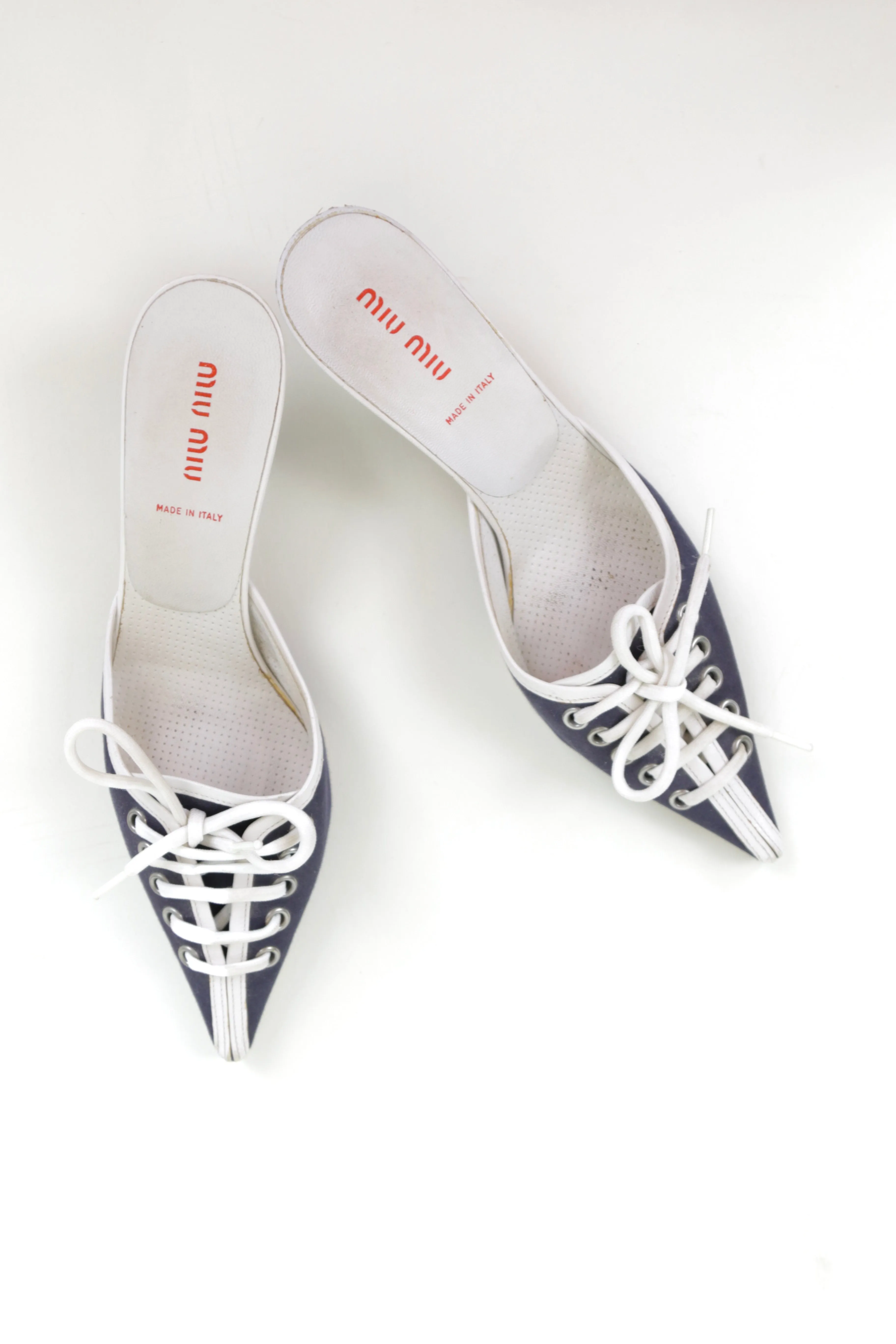 Vintage Navy Kitten Heel Mules with Criss Cross White Laces