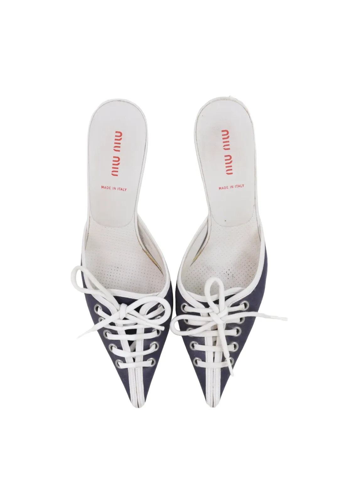 Vintage Navy Kitten Heel Mules with Criss Cross White Laces