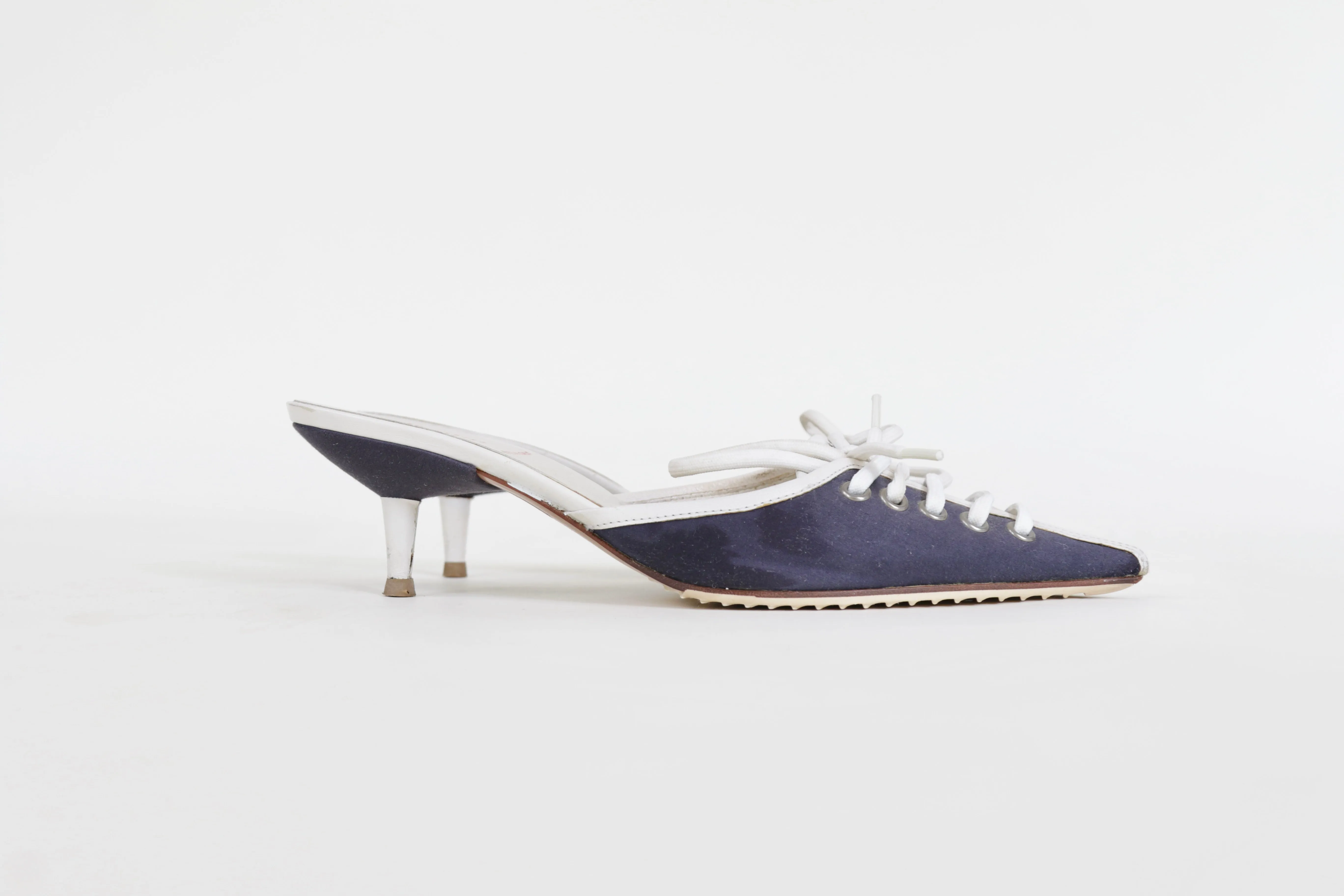 Vintage Navy Kitten Heel Mules with Criss Cross White Laces