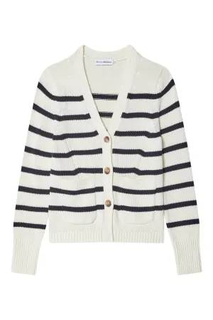 White & Warren Organic Cotton Waisted Cardigan
 in Ivory-Navy