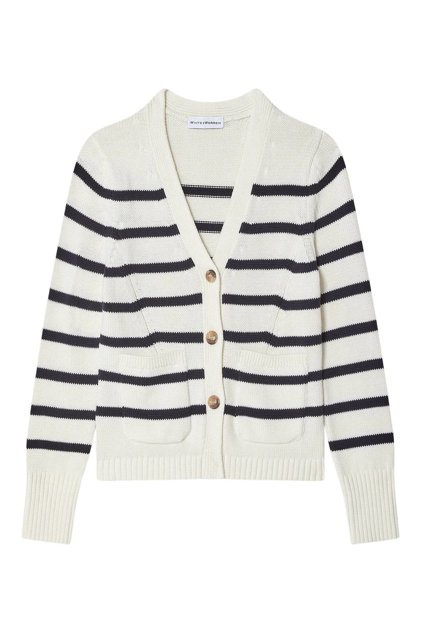 White & Warren Organic Cotton Waisted Cardigan
 in Ivory-Navy