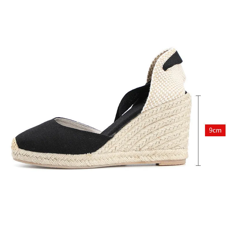 Women'S Soil Sandals New Lace-Up High-Heeled Straw Woven Wedge Sandals With Straps