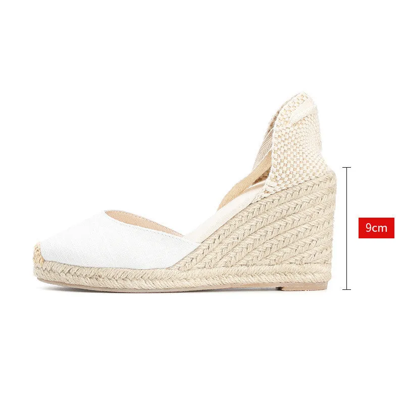 Women'S Soil Sandals New Lace-Up High-Heeled Straw Woven Wedge Sandals With Straps