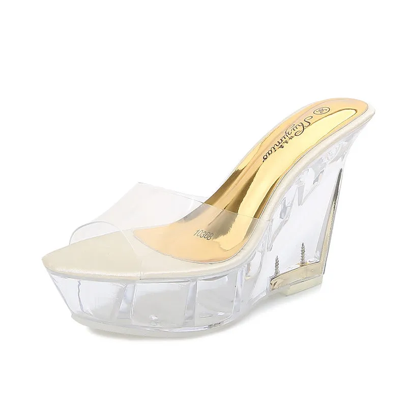 Women's Transparent Crystal Wedge Heel Shoes with Waterproof Platform - 15CM