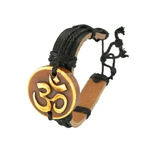 Wooden Carved Charm on Leather Bracelet