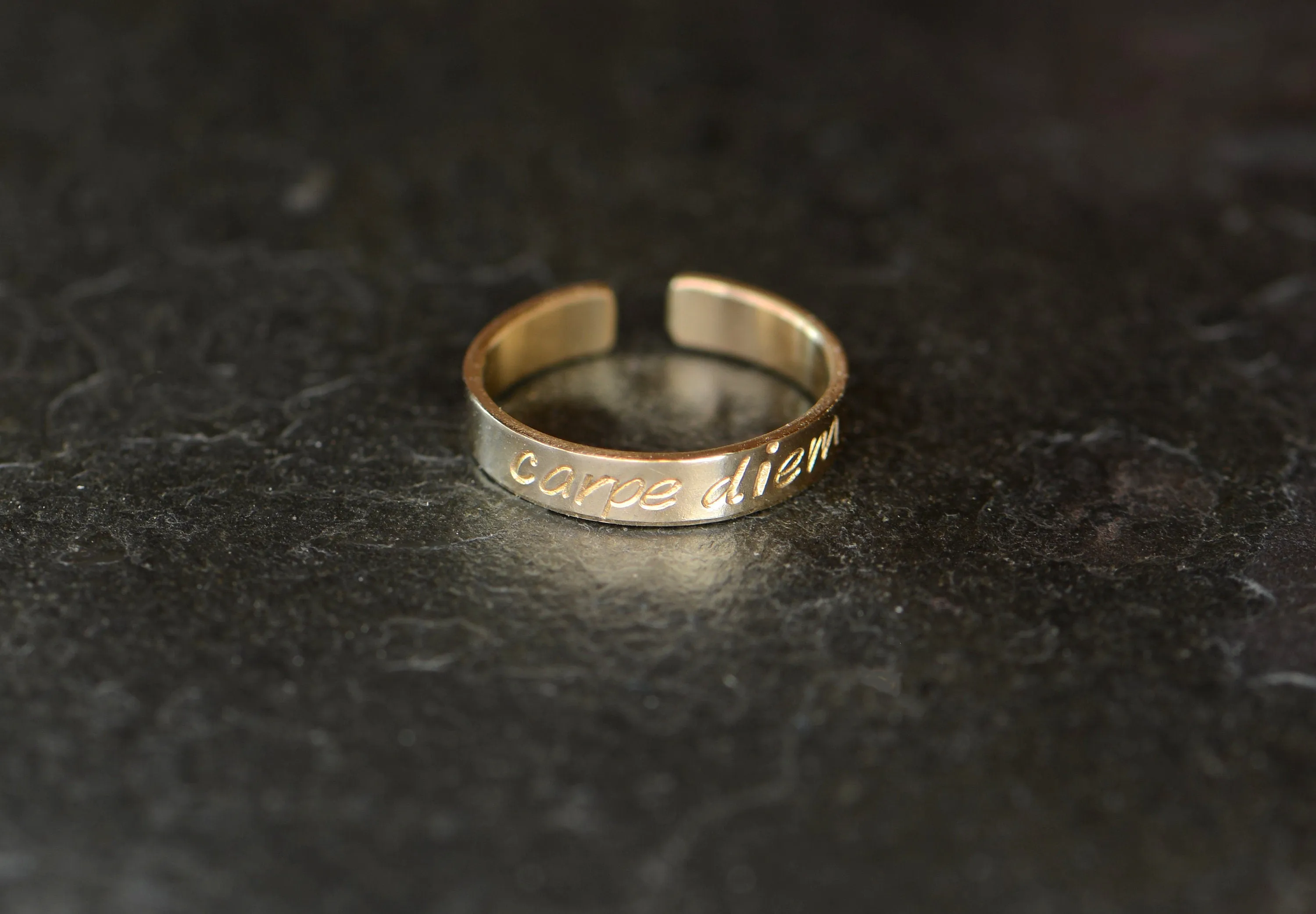 Yellow 14k gold toe ring stamped with carpe diem - can be worn as a midi ring or pinky ring