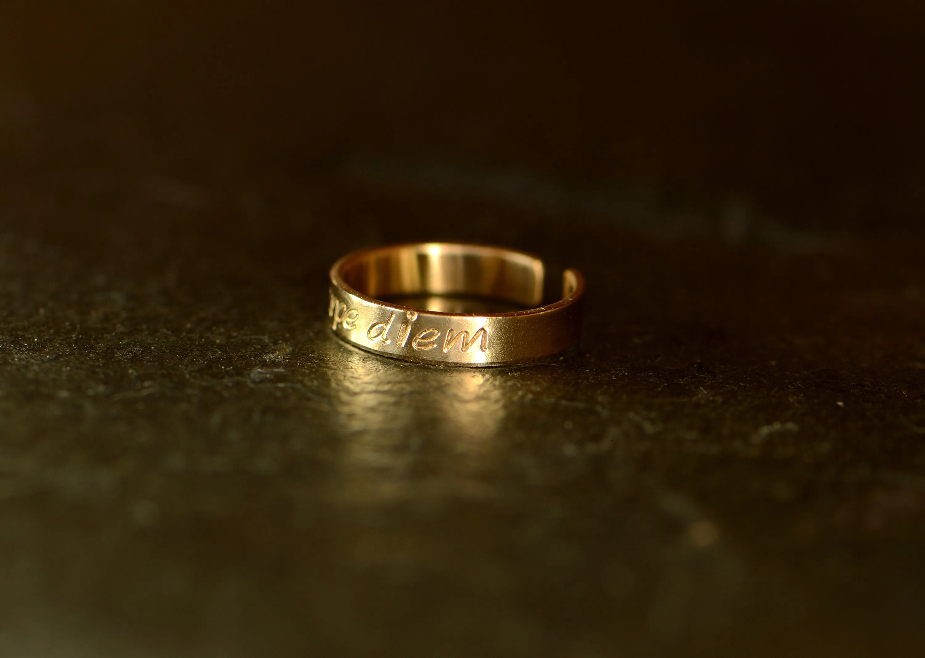Yellow 14k gold toe ring stamped with carpe diem - can be worn as a midi ring or pinky ring