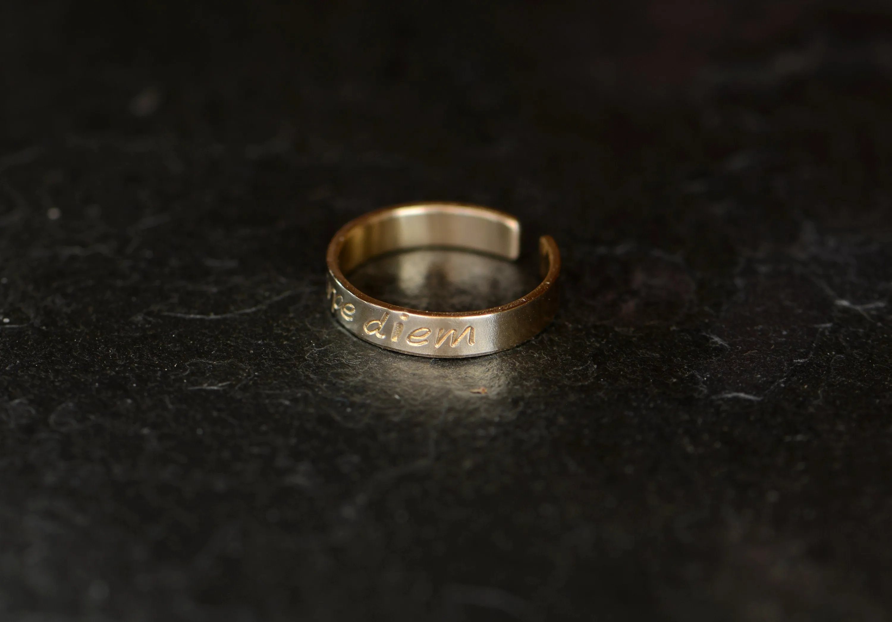 Yellow 14k gold toe ring stamped with carpe diem - can be worn as a midi ring or pinky ring
