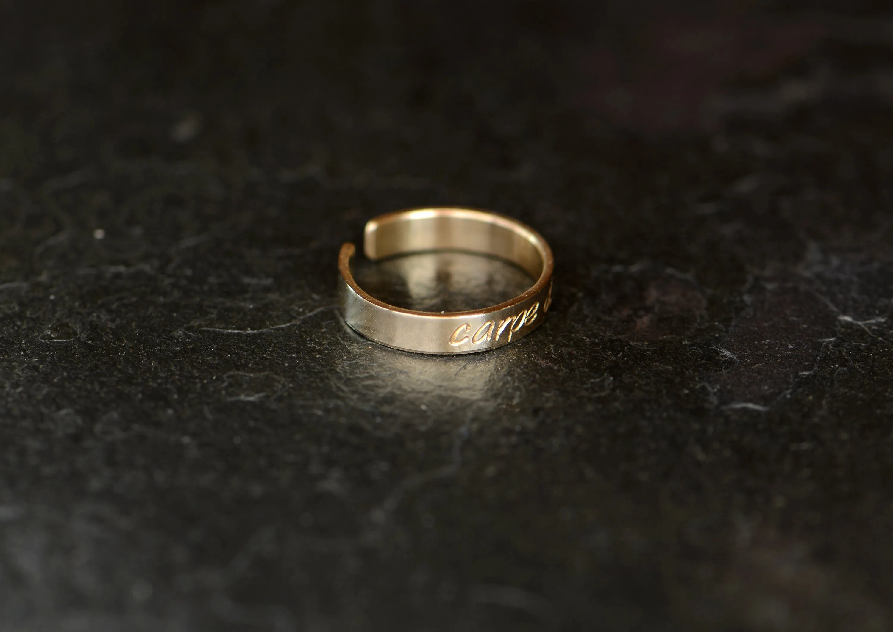 Yellow 14k gold toe ring stamped with carpe diem - can be worn as a midi ring or pinky ring